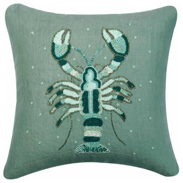 Designer 26"x26" Lobster Embroidered Dull Blue Linen Pillow Cover, Lobster Cool