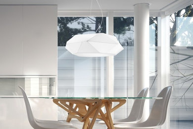 Dining room - large modern light wood floor dining room idea in Los Angeles with white walls