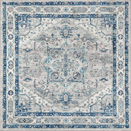 Modern Persian Vintage Medallion Light Grey/Blue 5' Square Area Rug