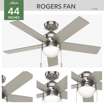 Hunter 44" Rogers Brushed Nickel Ceiling Fan With LED Light Kit and Pull Chain