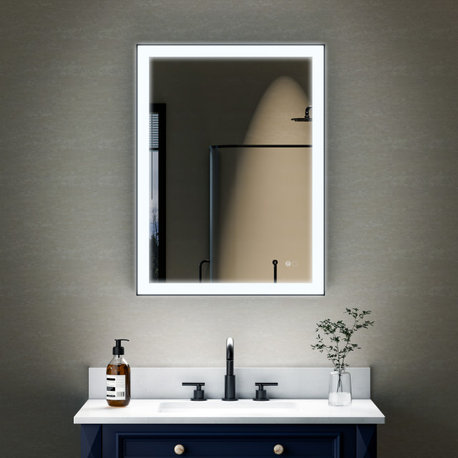 Framed LED Lighted Bathroom Vanity Mirror With Defogger, Matte Black, 24"x32"