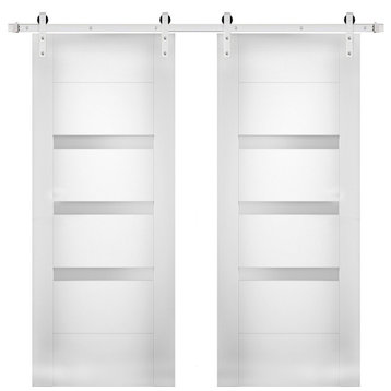 Double Barn Doors Opaque Glass / Sete 6900 White Silk / Silver 13FT Rail, 84" X 96" ( 2* 42x96)