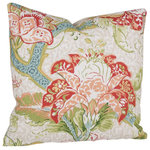 Studio Design Interiors - Holsworthy Too Petite 90/10 Duck Insert Pillow With Cover, 18x18 - Printed on a soft natural linen, beautiful flowers in red, and peach, and soft butter yellows spring from aqua vines in this open and airy garden motif.  Finished with an extreemly soft raw silk back in natural. Exceptional.