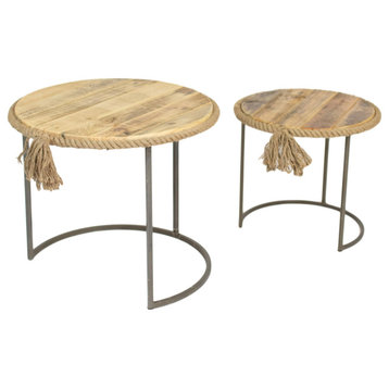 Round Recycled Wood Rope Tassel Accent Nesting Tables 2-Piece Set