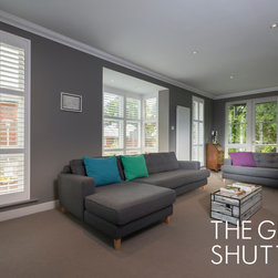The Chimney House - Contemporary Home - Grey Lounge with Shutters - Interior Shutters