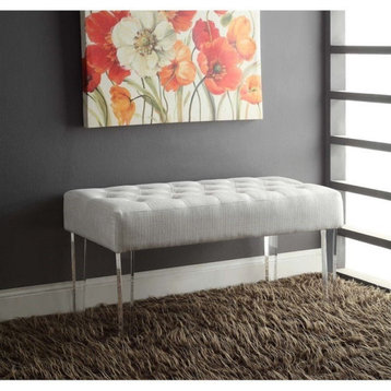 Linon Ella Clear Acrylic Leg Upholstered Tufted Bench in White/Silver Fabric
