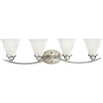 Progress Lighting - Progress Lighting Bath Bracket 4-100W Medium, Brushed Nickel - Four-light bath fixture featuring soft angles, curving lines and etched glass shades that mount up or down. Gracefully exotic, the Trinity Collection offers classic sophistication for transitional interiors. Sculptural forms of metal and glass are enhanced by a classic finish. This transitional style can transform a room or your whole home with its charming versatility.