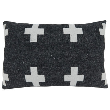 Down-Filled Reversible Throw Pillow With Plus Sign Design, 16"x23", Black/White
