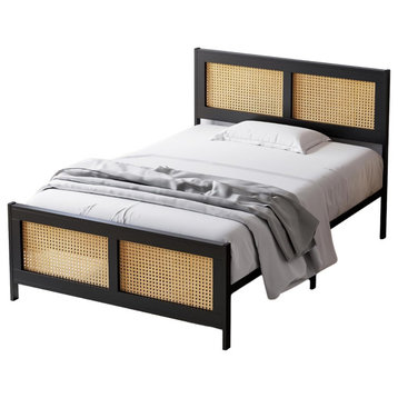 Retro Modern Platform Bed, Sturdy Metal Frame With Rattan Accents, Black, Queen