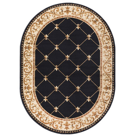 Orleans Traditional Border Area Rug, Black, 5'3"x7'3", Oval