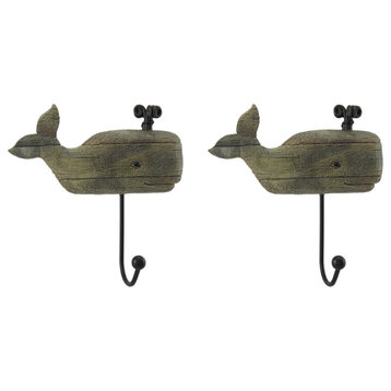 Distressed Wood Look 2 Piece Spouting Whale Wall Hook Set
