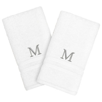 Denzi Hand Towels With Single Letter Silver Block Monogram, Set of 2, M