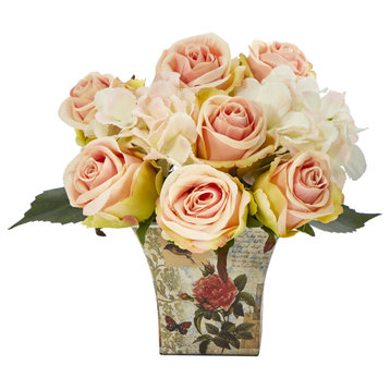 8" Rose and Hydrangea Bouquet Artificial Arrangement, Floral Vase