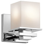 Kichler - Wall Sconce 1-Light, Chrome - This 1 light wall sconce from the Tully collection creates a pleasing flow in any bathroom or vanity space. Characterized by clean lines and a simple cubic design, it provides an airy, uncluttered feel with an understated, contemporary flair. Featuring a Chrome finish with Satin-Etched Cased Opal Glass, this composition blends effortlessly with existing decor while still leaving a unique impression. May be installed with glass up or down.