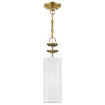 Livex Lighting - Livex Lighting 1 Antique Brass Mini Pendant - The single light antique brass finish Brookdale mini pendant combines floral details and casual elements to create an updated look. The hand-crafted off-white fabric hardback drum shade is set off by an inner silky white fabric which creates a versatile effect.