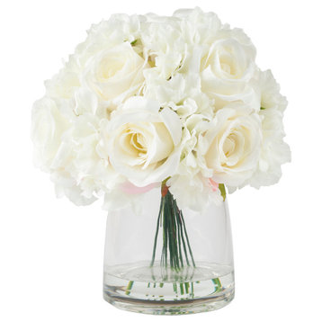 Pure Garden Hydrangea and Rose Floral Arrangement With Vase, Cream