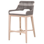 EFL - Indoor Outdoor Dark Gray Rope Woven Barstool Gray Teak Wood, All Weather Cushion - Tapestry Outdoor Barstool Dove Flat Rope, White Speckle Stripe, White Speckle, Gray Teak  Woven Collection "Gray Teak" is solid teak wood finished with a solution that expedites the aging process of teak to a natural silver tone. Over time, the natural weathering of Gray Teak will cause its appearance to change in color and texture, with possible marks and cracks. By ordering Gray Teak, you accept these characteristics and agree that no claim will be approved regarding the natural aging process of teak or the special color qualities associated with the Gray Teak finish. Special care should be taken to protect this natural finish.  Tapestry Outdoor Barstool Dove Flat Rope, White Speckle Stripe, White Speckle, Gray Teak Features: