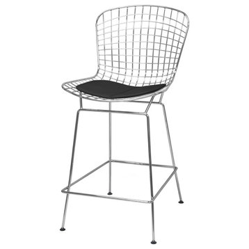 Set of 2 Bar Stool, Chrome Wire Frame with Removable Leatherette Seat, Black Pad