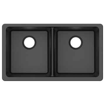 Winpro Undermount Kitchen Sink, Equal Double Bowl, Granite Quartz, 33", Black