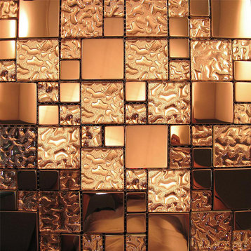 Copper Metal Pattern Textured Glass Mosaic Tile Backsplash, 12"x12", Single Shee