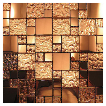 Copper Metal Pattern Textured Glass Mosaic Tile Backsplash, 12"x12", Set of 5