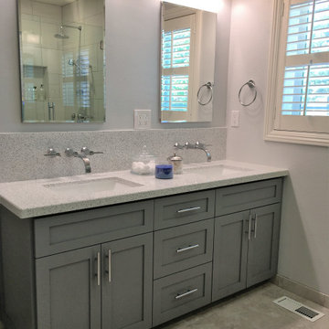 Bathroom Remodel separate bathtub and shower double sink vanity in Light Grey