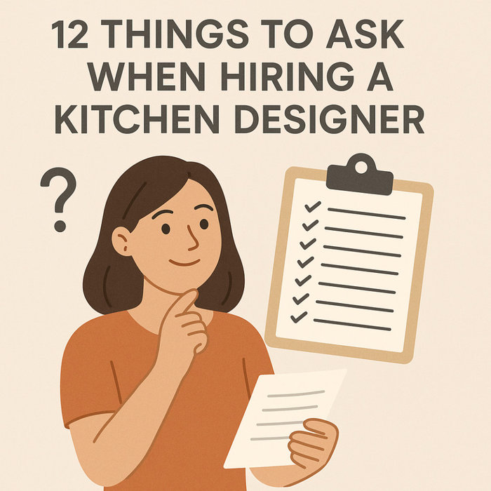 Illustration of a woman holding a checklist with the title '12 Things to Ask When Hiring a Kitchen Designer