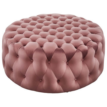 Round Ottoman Accent Tufted Chair, Pink, Velvet, Modern, Lounge Hospitality