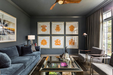 Mid-sized transitional enclosed light wood floor family room photo in New York with gray walls