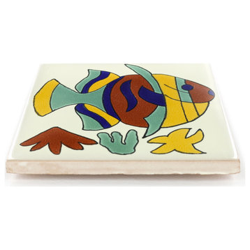 Handmade Tierra y Fuego Ceramic Tile, Rainbow Fish, Set of 9