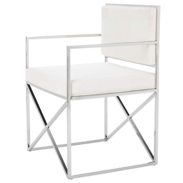 Elegant Accent Chair, Metal Frame With Velvet Upholstered Seat, White/Silver