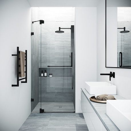 VIGO Pirouette 30" to 36" W x 72" H Frameless Pivot Shower Door, Matte Black, Clear Glass