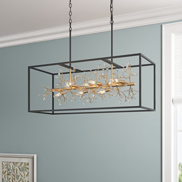 Black and Gold 9-Light Rectangle Crystal Chandelier for Kitchen Island