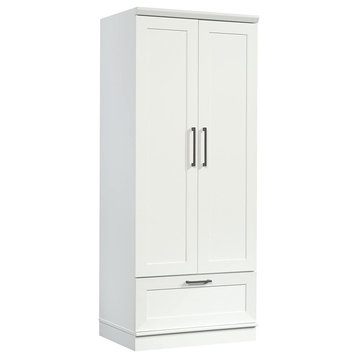 Transitional Wardrobe, Lower Drawer and 2 Doors With Inner Rod, Soft White
