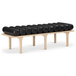 Meridian Furniture - Landon Faux Leather Bench, Black, Natural Oak Finish - Outfit your foyer, bedroom, dressing room or other area of the home with this handsome black Landon vegan leather bench. A rolled vegan leather seat upholstered in black vegan leather gives this uniquely designed bench the luxe look of leather without the maintenance requirements. Built to last, this art-deco-inspired bench has a solid oak base finished in natural oak for a beautiful, resort feel in whatever room you wish to use it in.