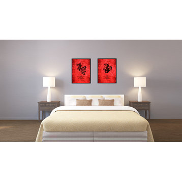 Monkey Chinese Zodiac Red Print on Canvas with Picture Frame, 13"x17"