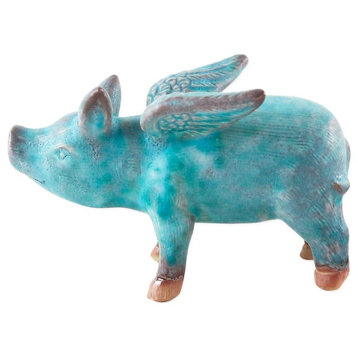 Blue Flying Pig Ceramic Figurine, Thailand