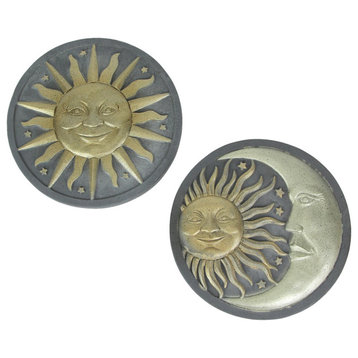 Set of 2 Celestial Smiling Sun and Moon Cement Stepping Stones 10 Inch Diameter