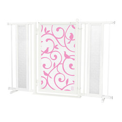 Fusion Gates - Fusion Gate with Songbirds in Pink Design, White Pearl, 52"-60" - Dog Gates