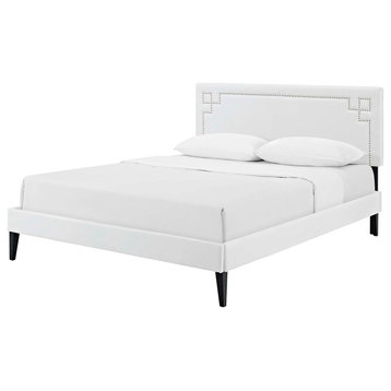 Modern Contemporary Urban Living Queen Platform Bed Frame, Faux Leather, White