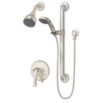 Symmons - Origins Single Lever Handle Wall Mounted Shower Trim Kit 1.5 GPM, Satin Nickel - This shower trim kit is part of the fresh and cost efficient Symmons Origins Collection. This kit includes a shower arm, low flow showerhead, hand shower with 60 inch flexible hose, a 36 inch slide bar for the handheld shower, escutcheon, and adjustable handles. Turning the lever handle on the valve cover plate in the direction of the hot and cold indicators to adjust to your preferred water temperature. The secondary lever handle works as a diverter, letting you to switch the flow of water from the showerhead to the hand shower. At an eco friendly low flow rate of 1.5 gallons per minute, the showerhead helps you conserve water and save on your water bill. Its rubber nozzles make the showerhead simple to clean, too. The slide bar for the handheld shower is also an ADA approved grab bar to stabilize yourself in and around your shower. This hand shower and showerhead trim kit is easy to install and comes with a limited lifetime warranty and the backing of the Symmons technical support team.