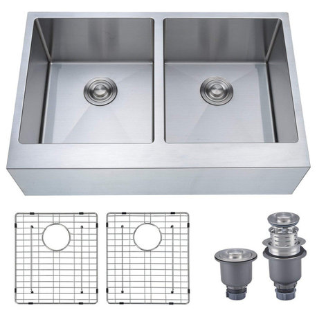 BOANN SKR3321D 33 x 21-Inch 50/50 Double Bowl Skirt/Apron Front UnderMount T304