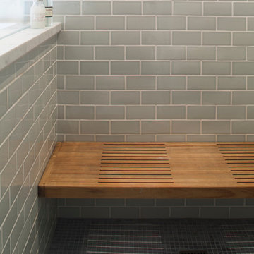 Wooden Shower Bench with Blue Tile