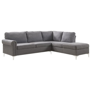 Modern Sectional Sofa, Chrome Finished Legs & Polyester With Nailhead Trim, Gray