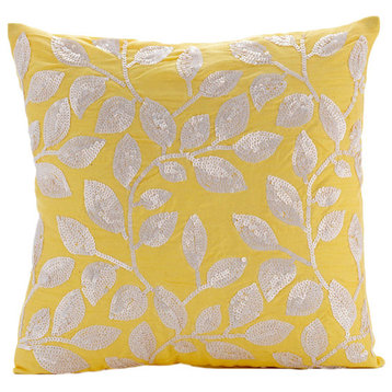 Yellow Sequins White Leaves 14"x14" Silk Pillows Cover, Nature Is Classy