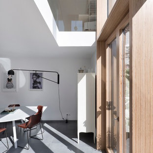 デュッセルドルフの中サイズのコンテンポラリースタイルのLDKの画像 (白い壁、暖炉なし、グレーの床)