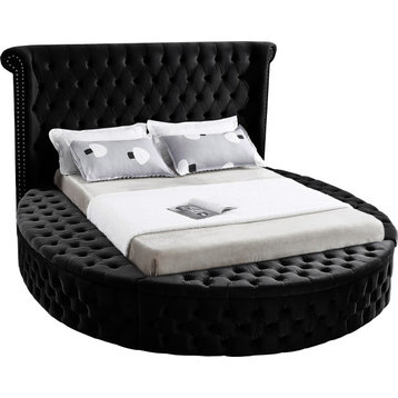 Luxus Button Tufted Velvet Round Bed, Black, King