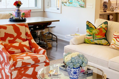 Mid-sized trendy open concept dark wood floor and brown floor family room photo in Other with a standard fireplace
