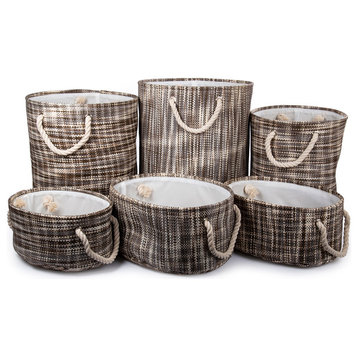 Paper Straw Round Storage Baskets, Set of 6, 15.5 x 18 inches, Brown