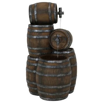 Sunnydaze Stacked Rustic Barrel Outdoor Water Fountain 29" With LEDs